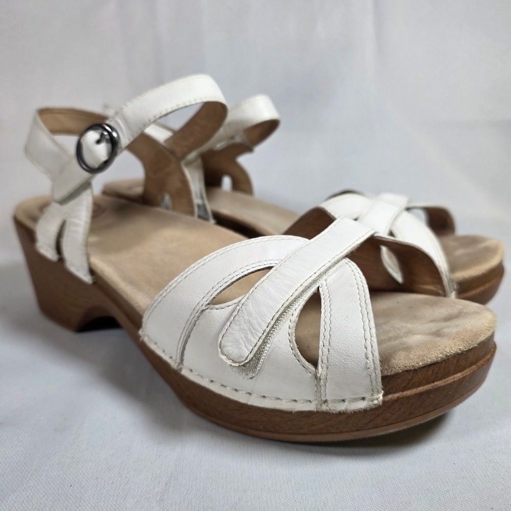 Dansko Season Women's 42 White Leather Wedge Sandals Adjustable Strap Clog